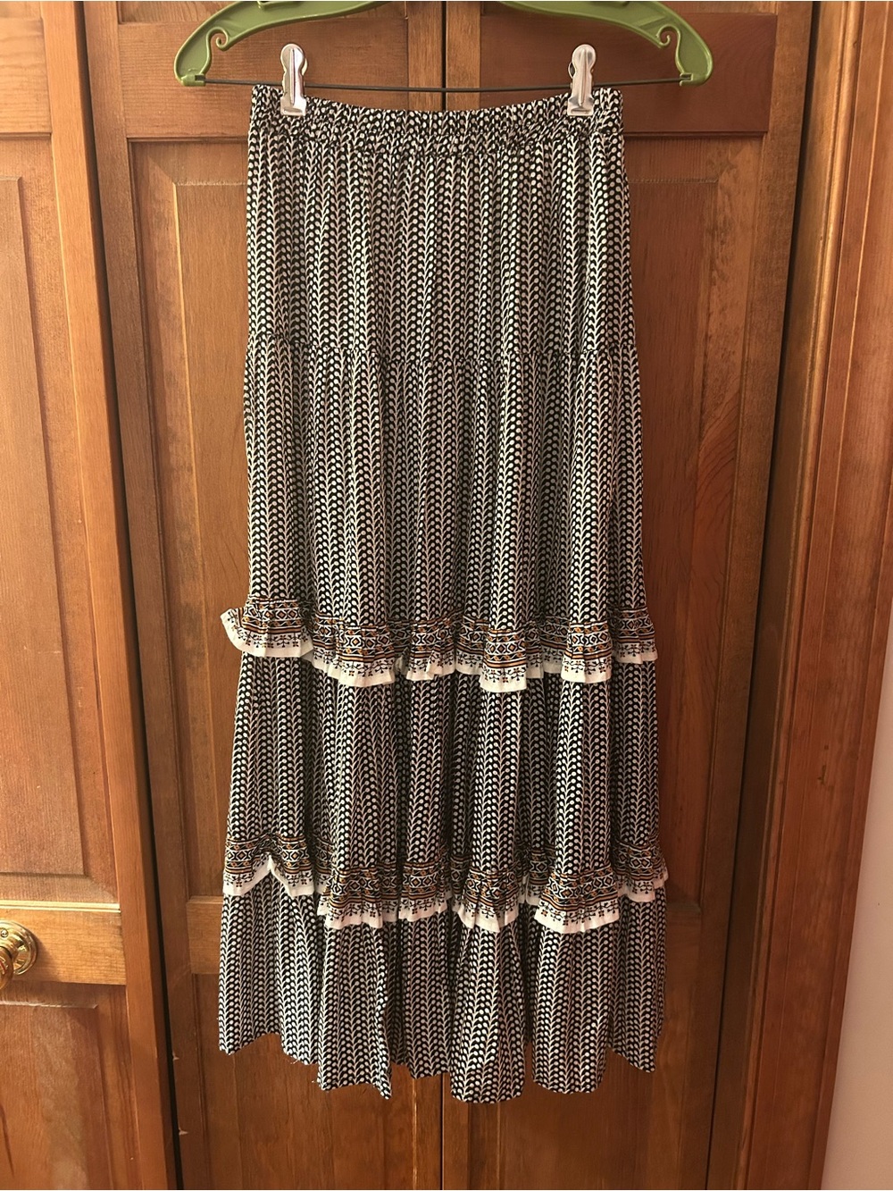 Beachgold S Black & White Ren Fair Inspired Boho Tiered Skirt W/ Orange Details